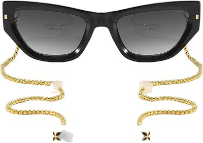 #ad Armless Chain Temple Sunglasses Meow Black Shades Gold Chain White Charm