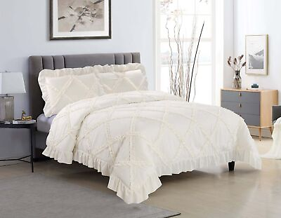 #ad 3 Pieces Ivory Ruffle Comforter Set 1 Comforter with 2 Pillow Shams King