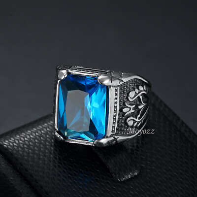 #ad Mens Blue CZ Simulated Onyx Sapphire Stone Ring Stainless Steel Size 7 15 Gift
