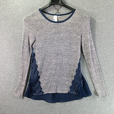 #ad Society Girl Boho Shirt Womens Small Gray Sweater Blue Rear Sheer Contrast Piece