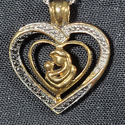 #ad Jewel Zone US Diamond Mom amp; Child Heart Pendant 14k Over Sterling Silver 18quot;