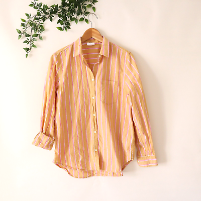 #ad Gap Women#x27;s The Classic Shirt Orange amp; Pink Striped Long Sleeve Button Shirt M