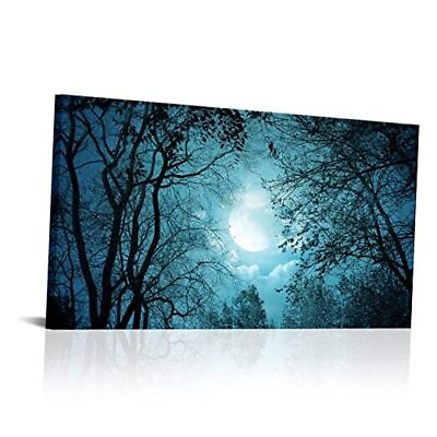 #ad Teal Full Moon Forest Wall Art Landscape Painting Turquoise Decor Picture