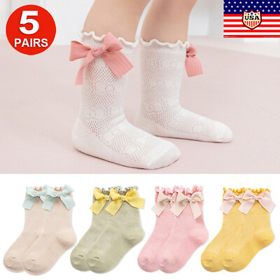 #ad 5 Pairs Baby Girls Princess Bow Socks Kids Mesh Thin Cotton School Dress Socks