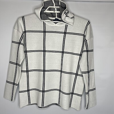#ad Rachel Roy Womens Sweater XL Hooded Windowpane Check Off White Black Rayon Blend
