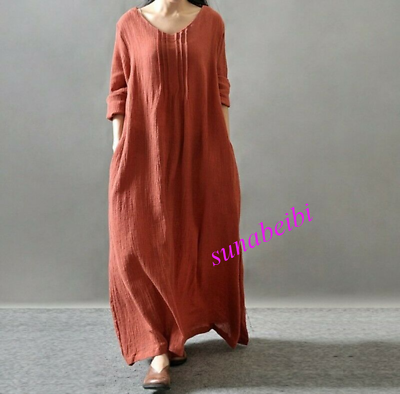 #ad Women Vintage Style Long Sleeve V Neck Linen Flax Maxi Dress Long Robe Kaftan