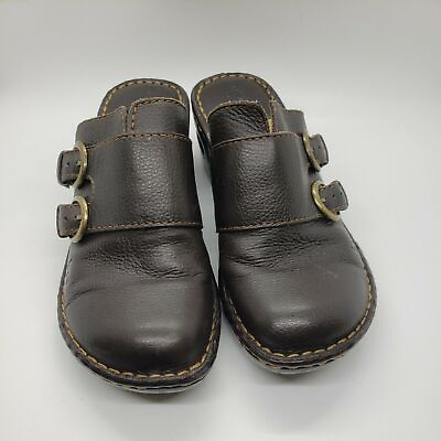 #ad BOC Born Concept Leather Platform Clogs Brown Size 6 Double Buckle Slip on EUC