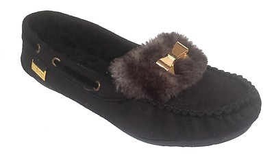 #ad WOMEN SUEDE BLACK MOCCASIN WITH BOW SLIP ONS FAUX FUR LINED FLATS INDOOR OUTDOOR