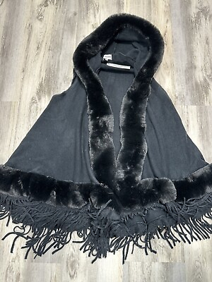 #ad Pia Rossini Black Wrap Faux Fur Trim Edges Hooded Vest Womens One Size NWT
