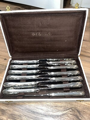 #ad Christofle Perles 12pcs Silverplate Flatware Table Knife Vintage 1930’s In Box