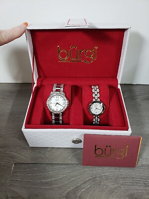 #ad Burgi BUR300SS WOMENS SILVER TONE Quartz Swarovski Crystal Watch Set