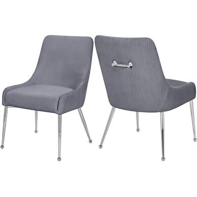 #ad Meridian Furniture Ace Gray Velvet Dining Chair with Chrome Legs Set of 2