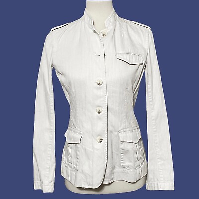 #ad Eddie Bauer Womens Blazer Jacket 4 Cream Military Style Mandarin Collar Casual S