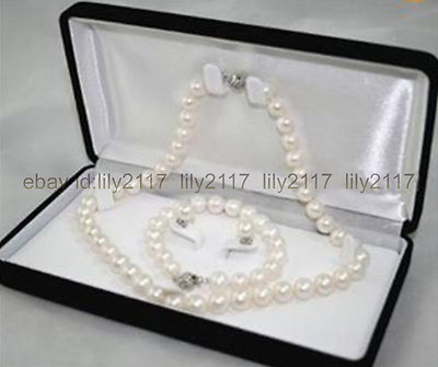 #ad Beautiful 7 8MM Natural White Akoya Cultured Pearl Necklace Bracelet Earring Set