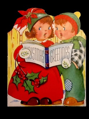 #ad Vintage c1950s Merry Christmas Kids Caroling Greeting Card