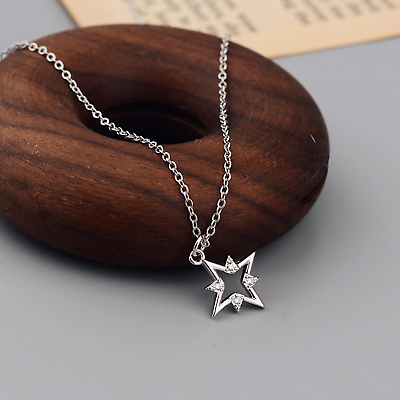 #ad Brilliant Star with Crystals Dainty Pendant Necklace Sterling Silver