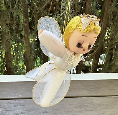 #ad Vintage Christmas Ornament Angel White Tulle Fabric Wire Wings Long Eyelashes 6quot;