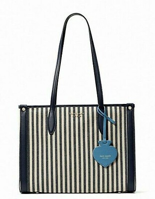 #ad New Kate Spade Medium Tote Market Stripe Canvas Tote Handbag Blue White Stripes