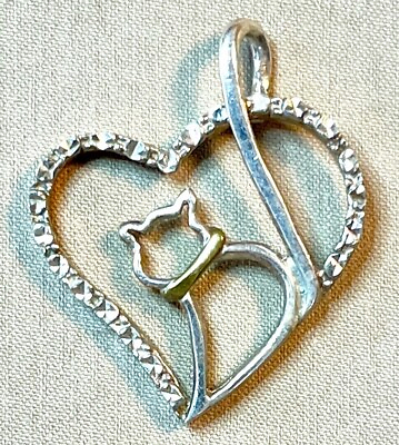 #ad 925 Sterling Silver Gold Cat Heart Necklace Charm Pendant