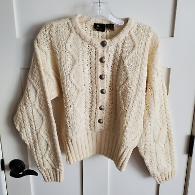 #ad VINTAGE Womens Small Fisherman Sweater Hand Cable Knit Wool Cropped Button Up
