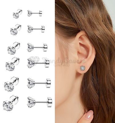 #ad 3 8MM Round Clear Cubic Zirconia Silver Plated Surgical Steel Ear Stud Earrings