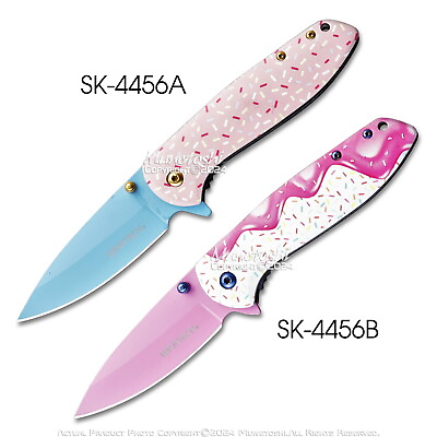 #ad 7.5” Donut Sprinkle Folding Pocket Knife Spring Assisted Blade Steel Pink Purple