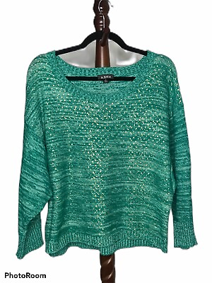 #ad A Byer Women#x27;s XL Green Gold Metallic Scoop Neck Large Sleeve Sweater NWOT