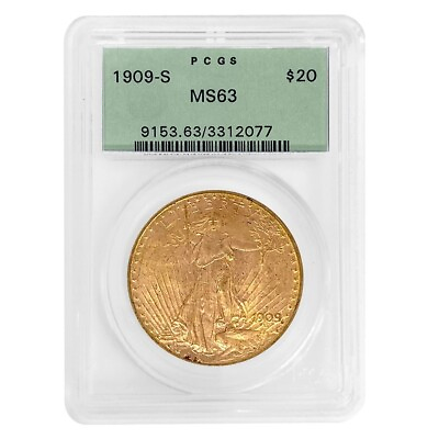 #ad 1909 S $20 Gold Saint Gaudens Double Eagle Coin PCGS MS 63 OGH