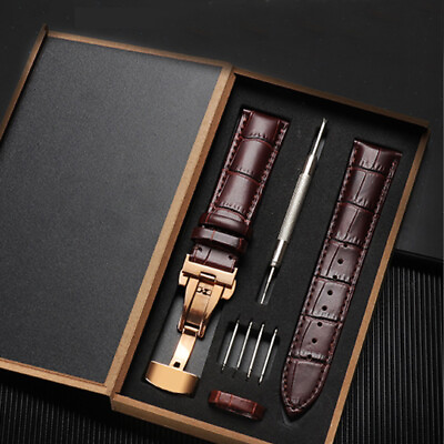 #ad 18mm 24mm Genuine Leather Butterfly Clasp Buckle Watch Band Strap Wristwatch