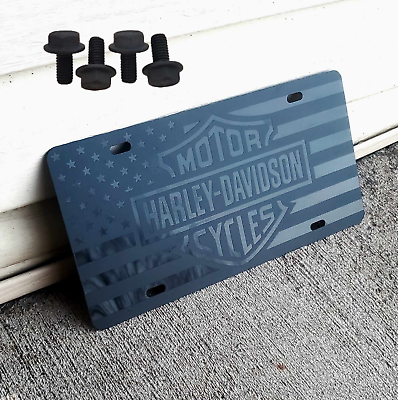 #ad Harley Davidson Flag License Plate Matte Black with Bolts MADE IN THE USA