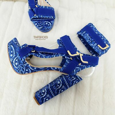 #ad Blue Bandanna 5.5quot; Chunky High Heel Harness Strap Shoe US Sizes 5.5 11 Bandana