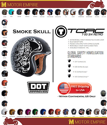 #ad TORC T 50 3 4 Open Face Retro Motorcycle Helmet Matte Black Smoke Skull DOT ECE