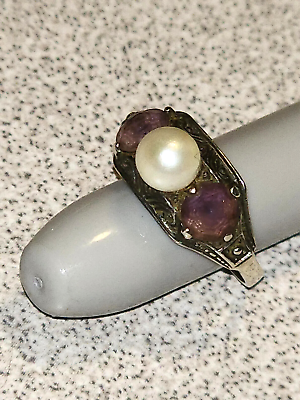 #ad Vintage Marcasite Cultured Pearl and Amethyst Sterling Silver Ring Size 6.25