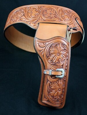 #ad Gun Holster Belt Leather Revolver Holder Tooled 22 .38 357 .44 45 Cal Western $98.00