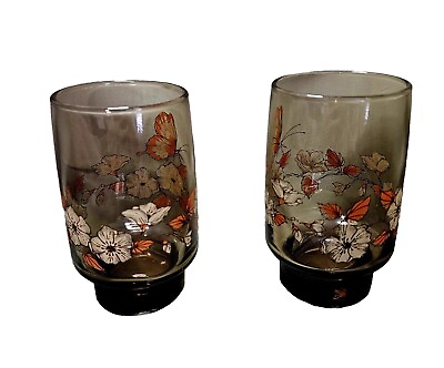 #ad Set OF 2 VINTAGE LIBBEY TAWNY BUTTERFLY amp; FLOWER GLASSES 1970#x27;S