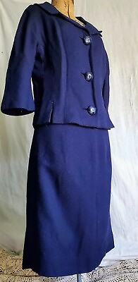 #ad Vintage 1960s Mod Designer Dan Millstein Tailored Skirt Suit Midnight Blue L