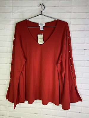 #ad Carmen Marc Valvo Womens Red Flared Long Sleeve Bead Detail Blouse Top Size 2X