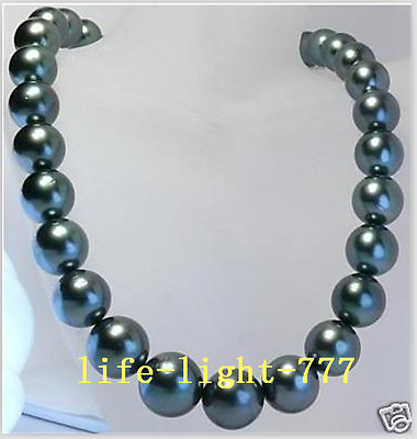 #ad Stunning AAA 12 13mm Tahitian round black pearl necklace 18 INCH 14K gold clasp