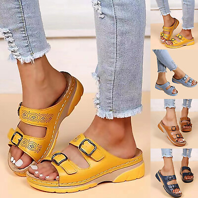#ad Women Summer Solid Color Buckle Strap Casual Open Decorative Sandals for Women