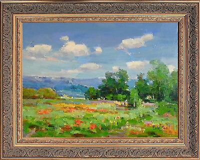 #ad Gold Wood Framed Oil Painting Summer Field Landscape Signed by Eric Son Gift