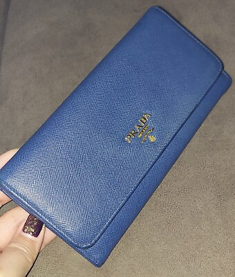 #ad Authentic PRADA Saffiano Leather Long Wallet Navy Blue