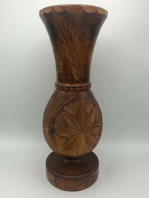 #ad Wood Vase Carved Solid Asian Decor Vintage Antique Pedestal Mid Modern Rustic