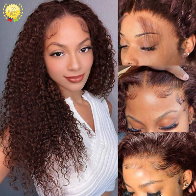 #ad 🔥13x4 Chocolate Brown Curly HD lace Front Wig Human Hair Pre Plucked With gifts