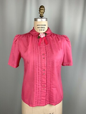 #ad Vintage blouse SIZE MEDIUM Alice Stuart pink peter pan collar pin tuck classic