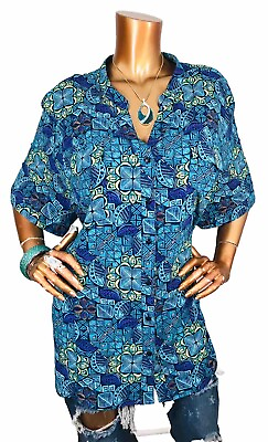 #ad Catherines 22 24W or 2X Plus Top Stretch Multi Print Button Shirt Tunic Short Sl