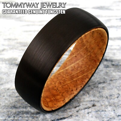 #ad 8mm Black Tungsten Carbide Men#x27;s Whiskey Barrel Oak Wood Wedding Band Ring