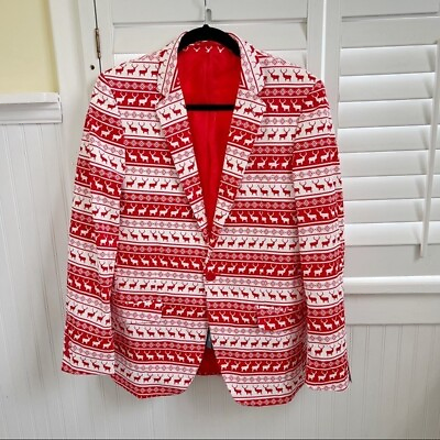 #ad Suslo Couture NWT Red amp; White Fair Isle Buck Print Novelty Christmas Blazer