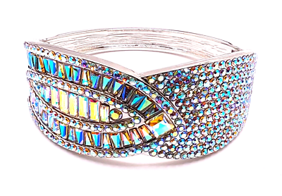 #ad Simulated Aurora Borealis Quartz Austrian Crystal Hinged Bangle Bracelet