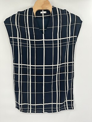 #ad Vince Silk Lattice Windowpane Navy Popover Dress Size Mini Sleeveless V Neck XS