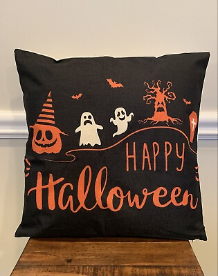 #ad Happy Halloween Throw Pillow 18” x 18” Happy Halloween Orange Black Ghosts READY